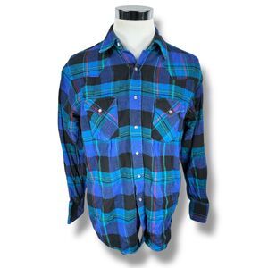 Vintage Ely Cattleman Western Flannel Shirt Men's Large Blue Plaid Pearl Snap
